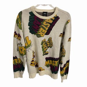HUF Sweater Mens Medium Cream Paid In Full Chill Pullover Crewneck KN00427